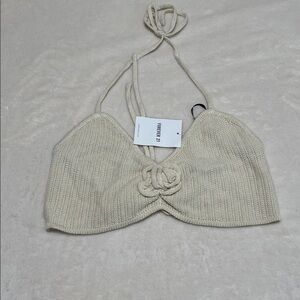 Forever 21 Knit Halter Bralette Top NWT • Ivory Cream Rose Accent • Size Large